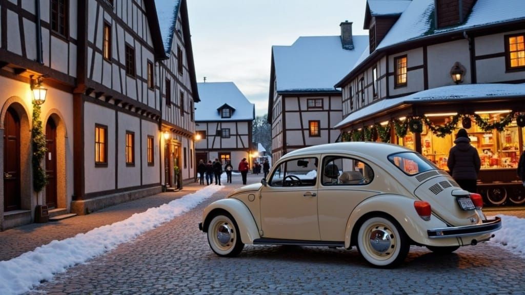 Winter Village Scene with Classic Volkswagen Beetle in Tradi...
