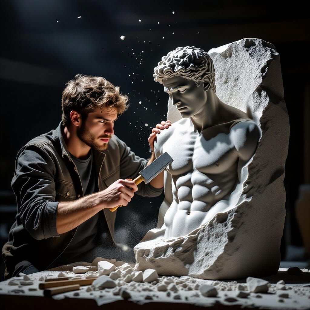 Sculptor Carving Figure with Dramatic Lighting
