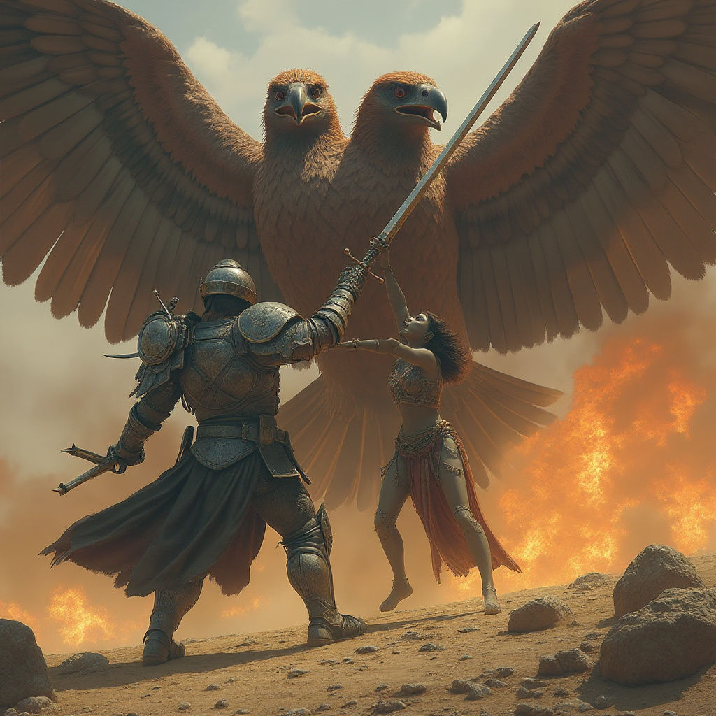 Man Uses Woman as Sword Against Burning Hawk