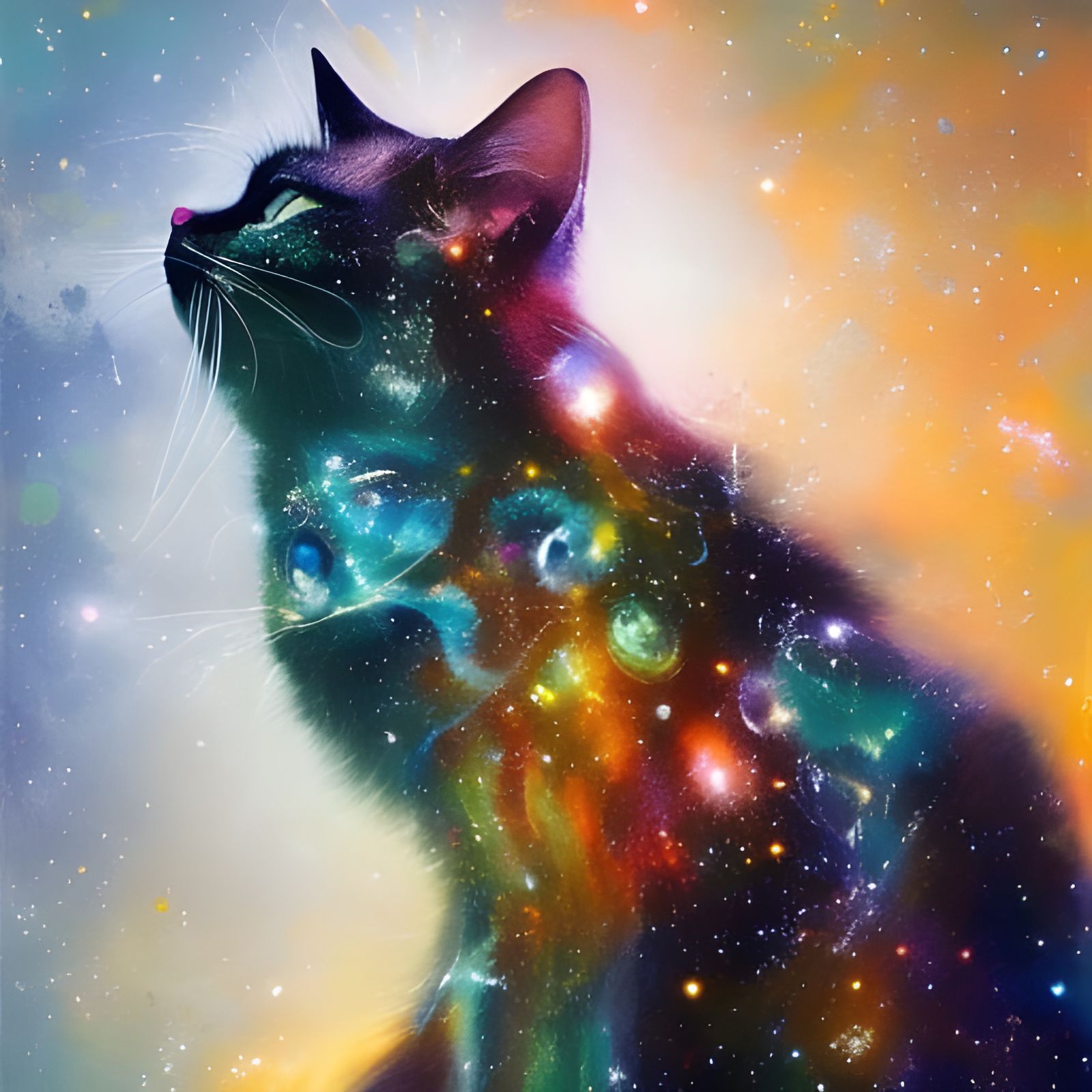 Cat Constellation Reflecting Colorful Galaxy in Maximalist S...