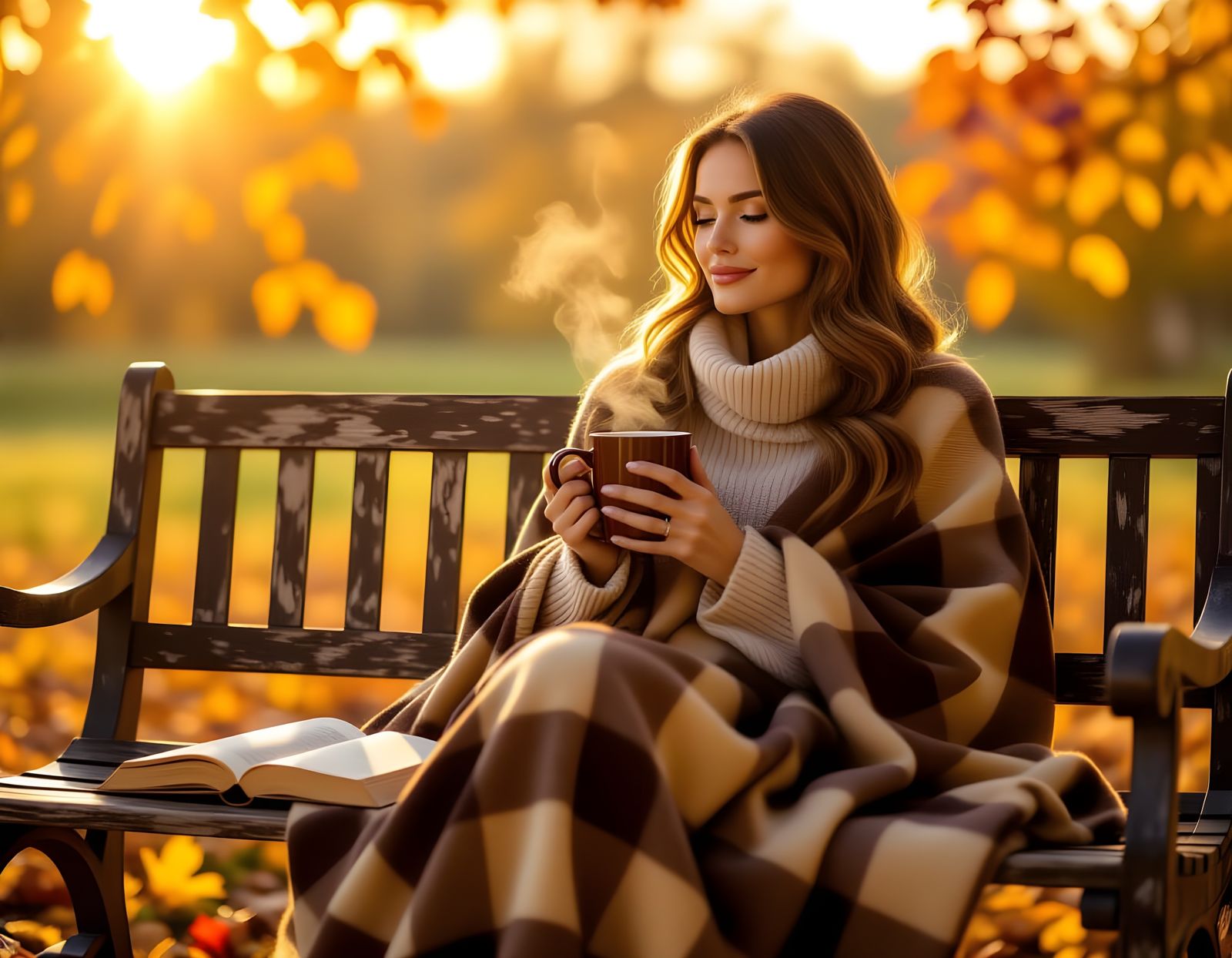 Woman with Cocoa on Wooden Bench in Autumn Sunlight