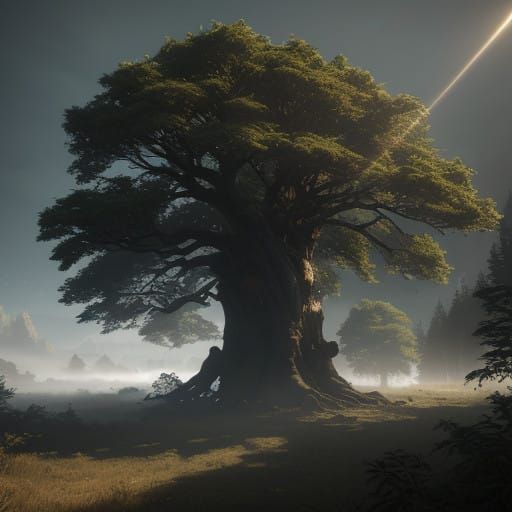Ancient Tree Amidst Lush Forest, Epic 3D Videogame Graphics,...