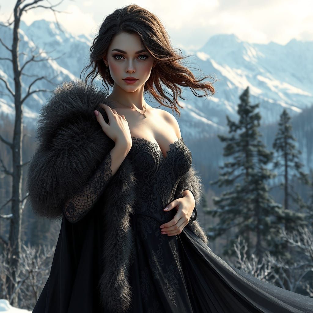Fantastical Winter Queen in Luxurious Fur Mantle
