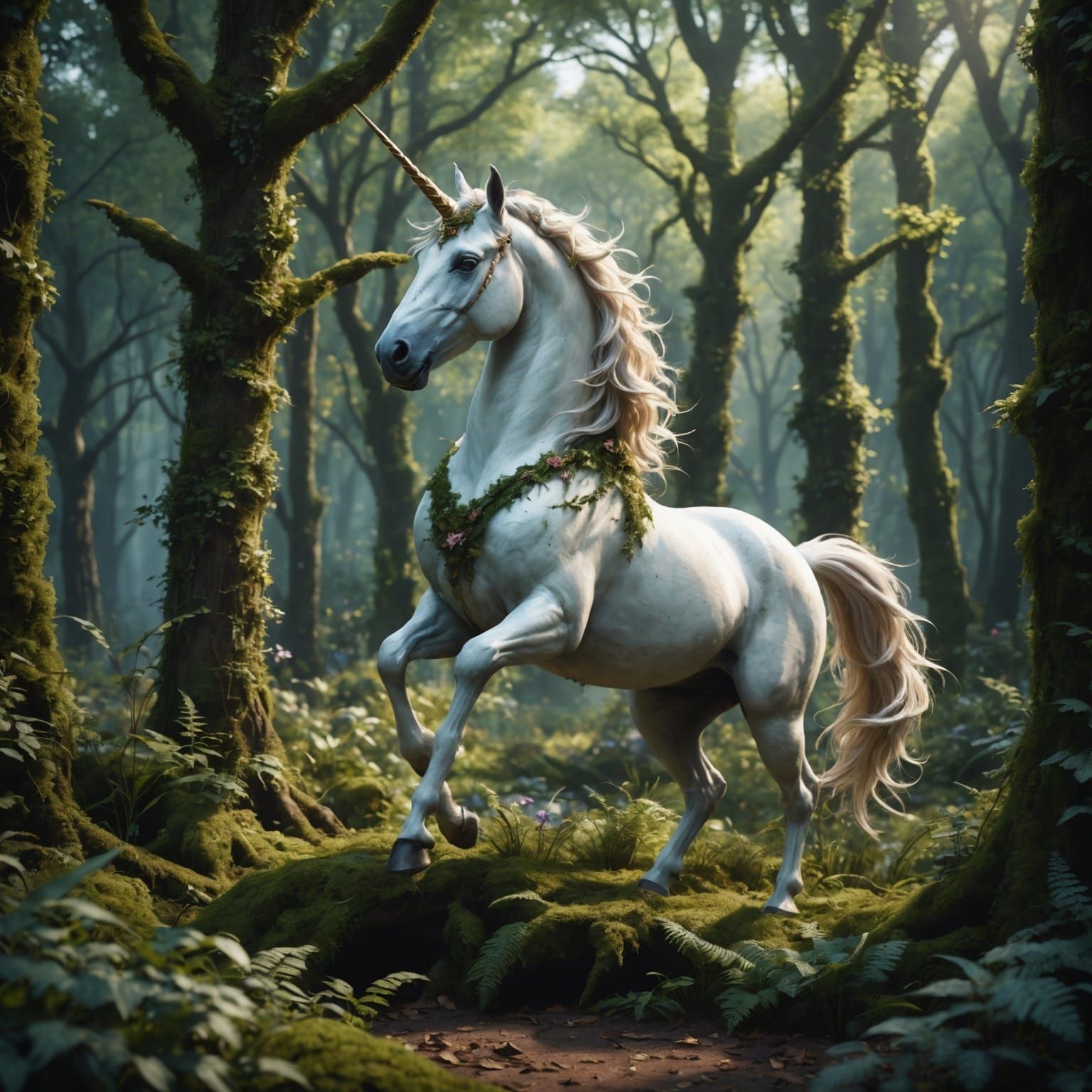 Feminine Unicorn Dancing in Overgrown Forest, Digital Art