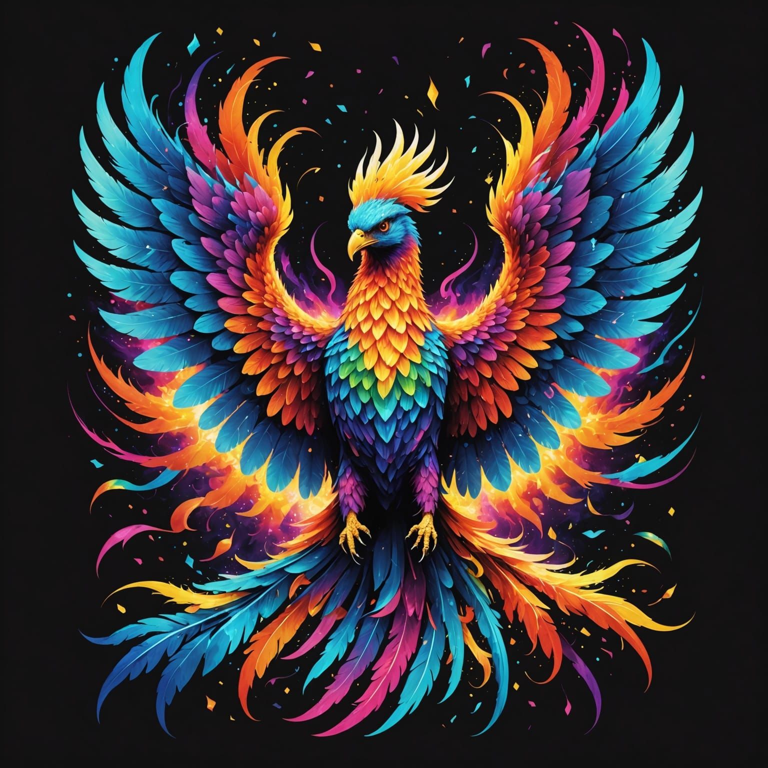 Neon Phoenix Exploding in Rainbow Fire, Holographic Wings