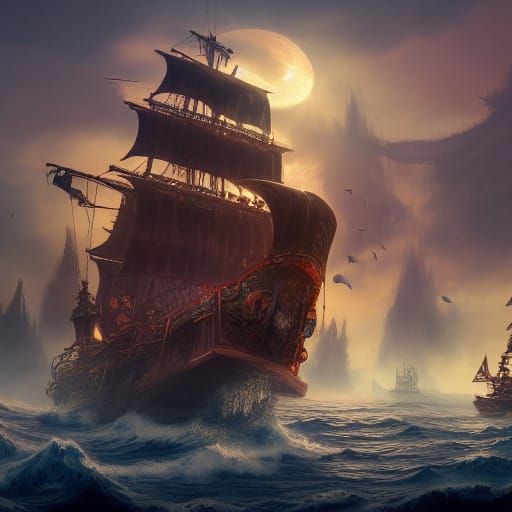 Fantastical Pirate Ship Matte Painting in 8K
