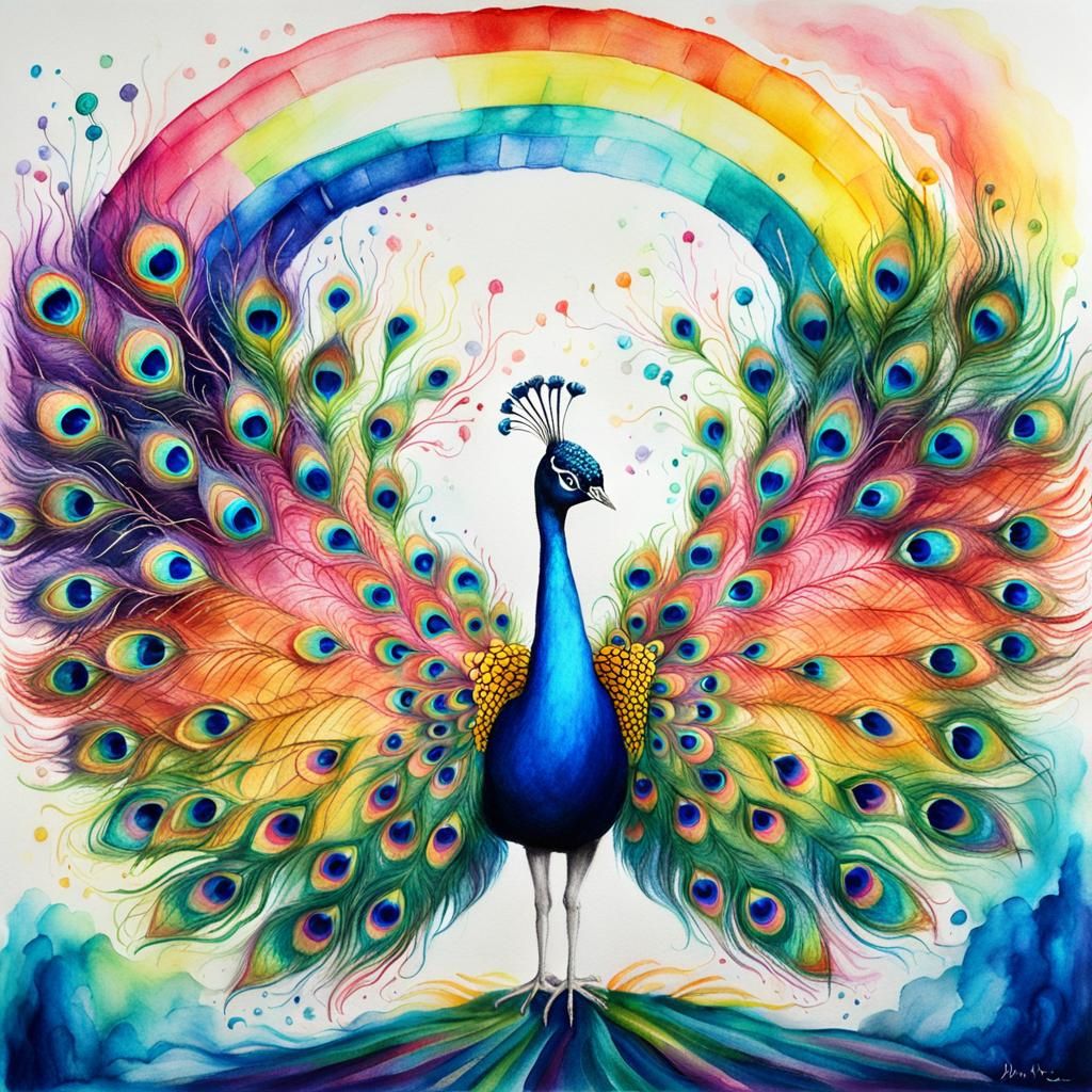 Whimsical Rainbow Peacock in a Dreamlike World
