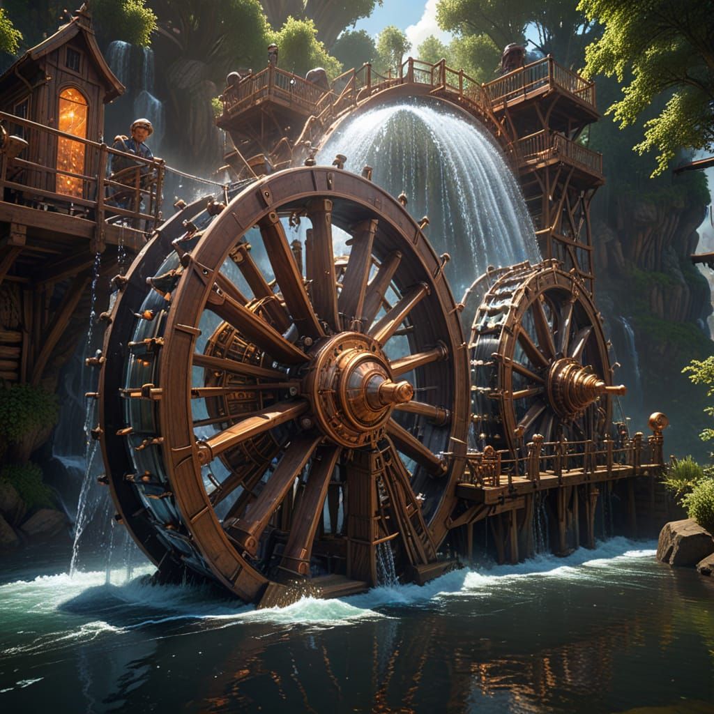 Vibrant Steampunk Waterwheels Powerstation in Retrofuturism ...
