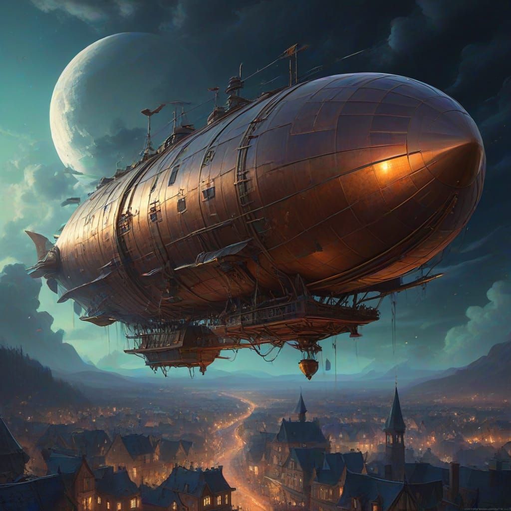 Steampunk Dirigible Over Medieval City in Aurora Sky