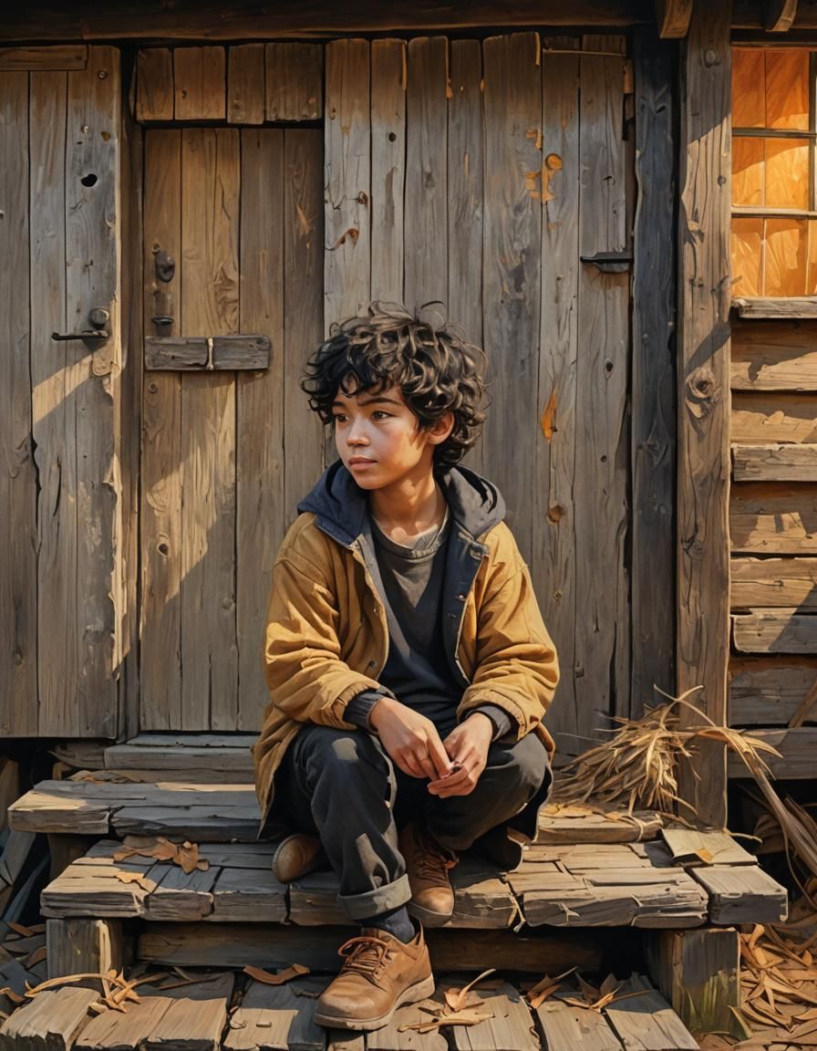 Boy on Cottage Steps: Rustic Digital Painting