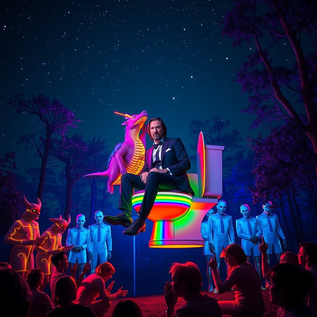 Keanu Reeves on Rainbow Toilet in Starry Sky