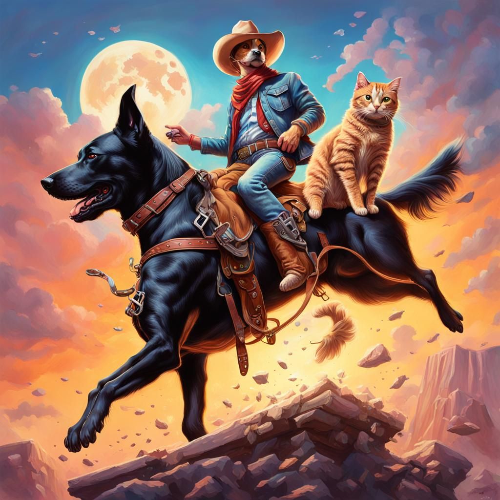 Flying Cowboy Dog with Cat, Hyperrealistic Concept Art