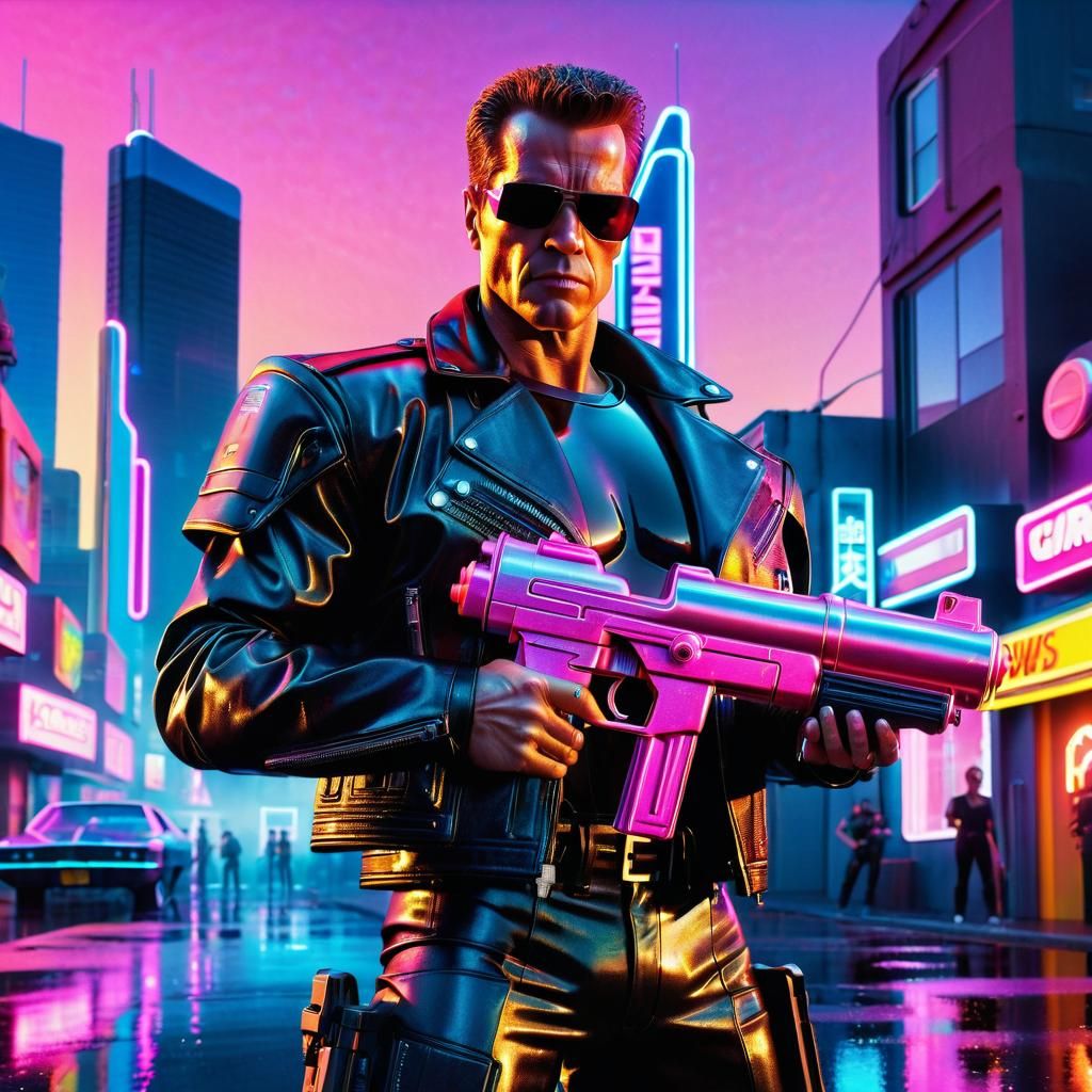 Terminator with Watergun in Vaporwave Cityscape