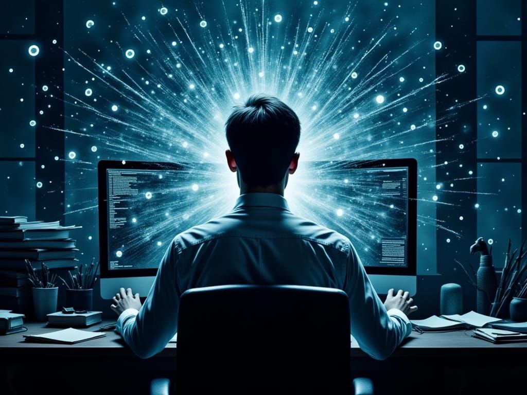 Frightened Man Overwhelmed by Computer Schematics