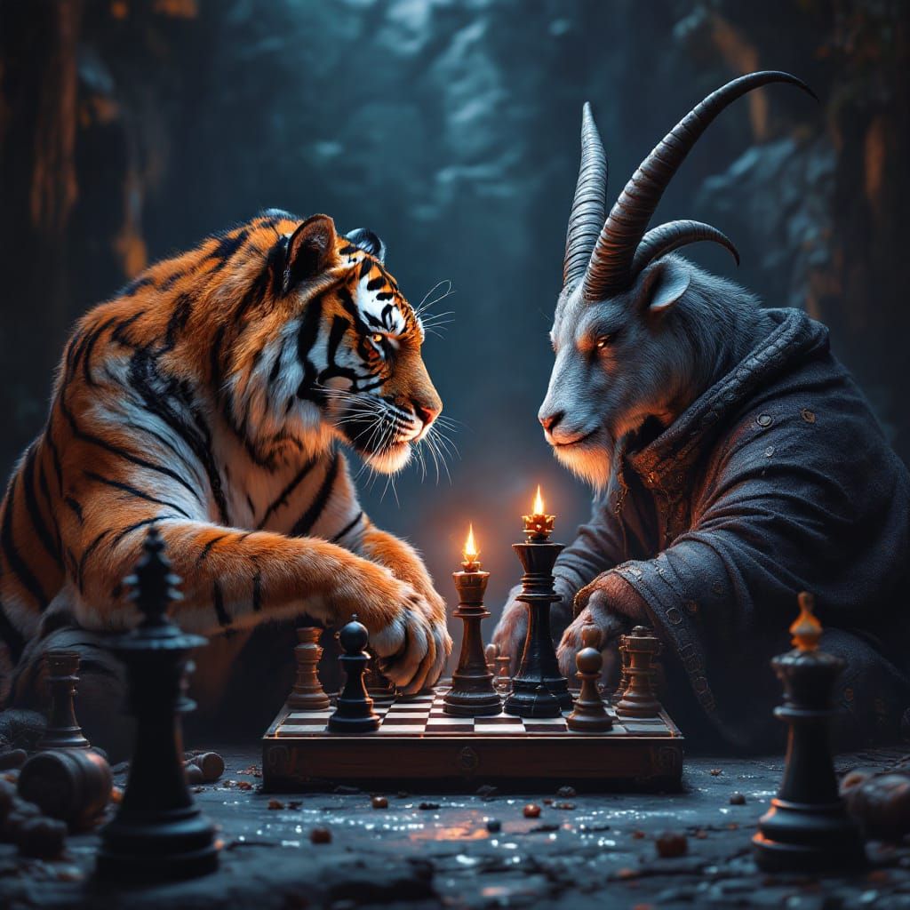 Tiger and Goat Play Chess in Mystical Noir Style