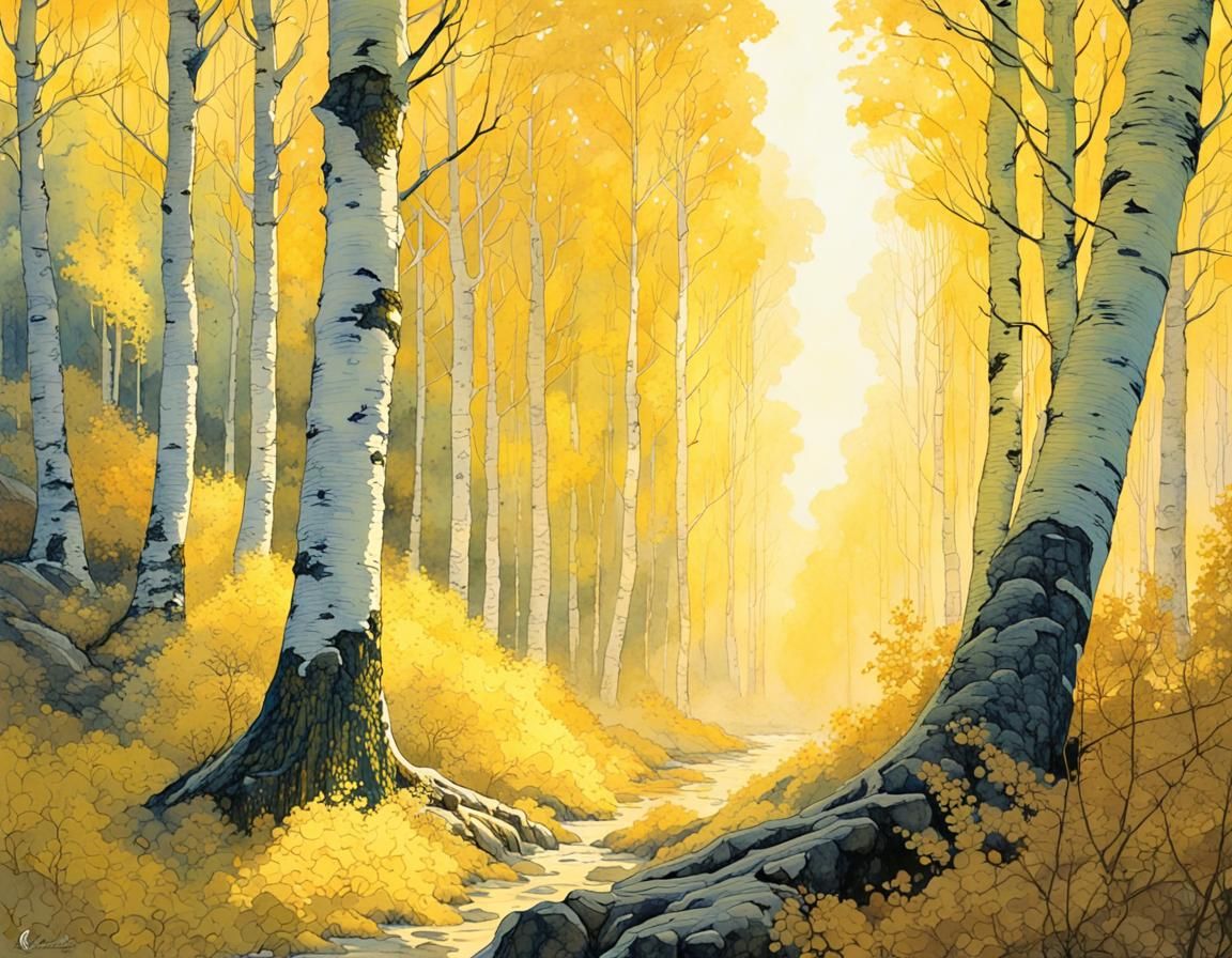 Mystical Birch Forest in Golden Light: Watercolor Art