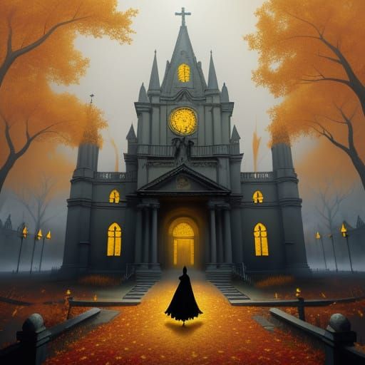 Eerie Ghosts Outside Church in Surrealist Style