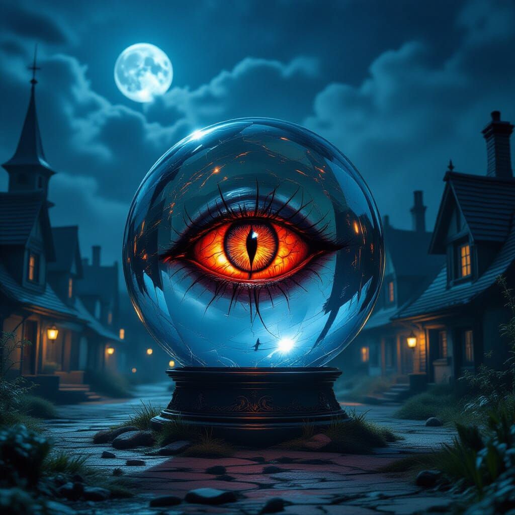 Satanic Vampire Eye in Crystal Ball Over Village