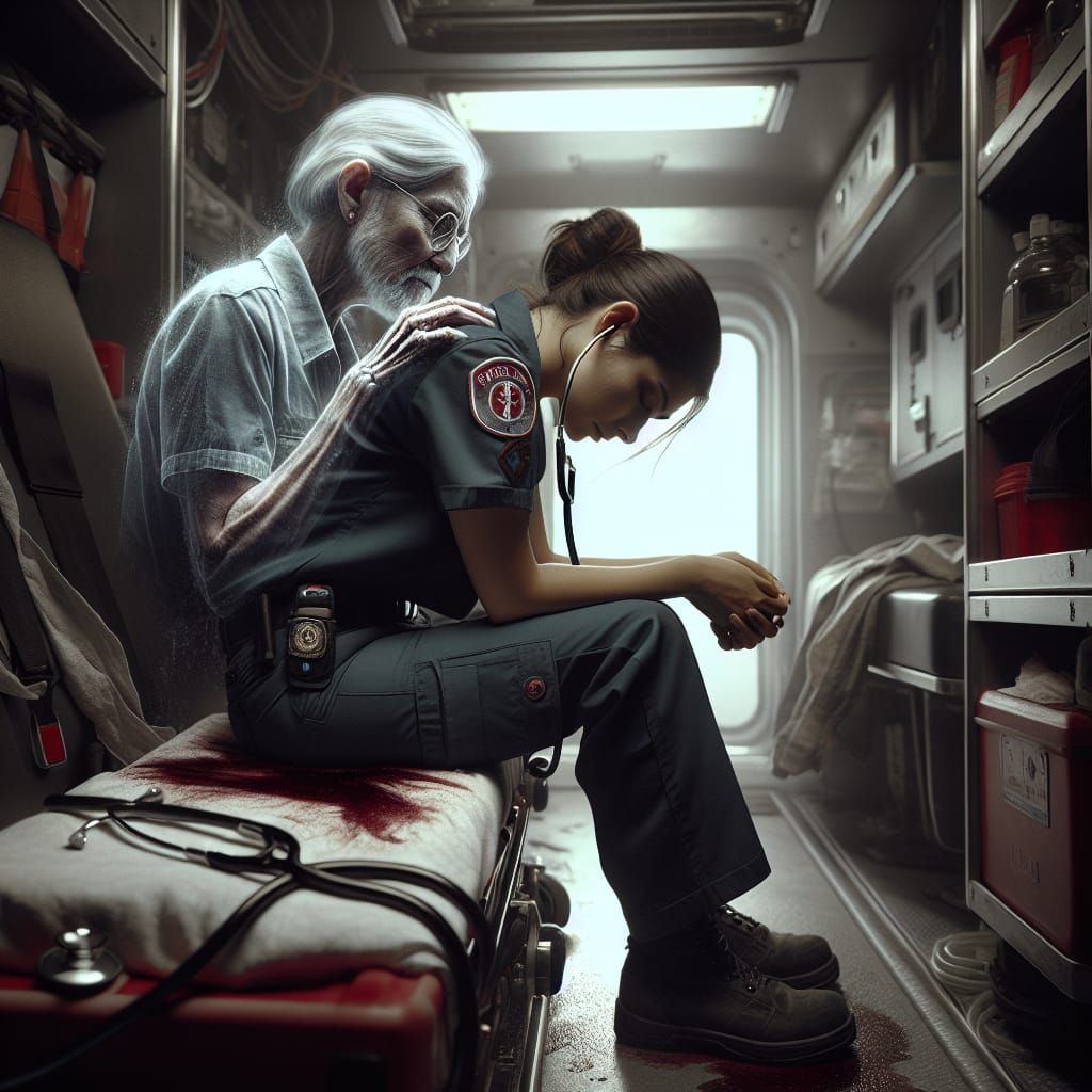 Hispanic Paramedic Comforted by Ghost in Ambulance