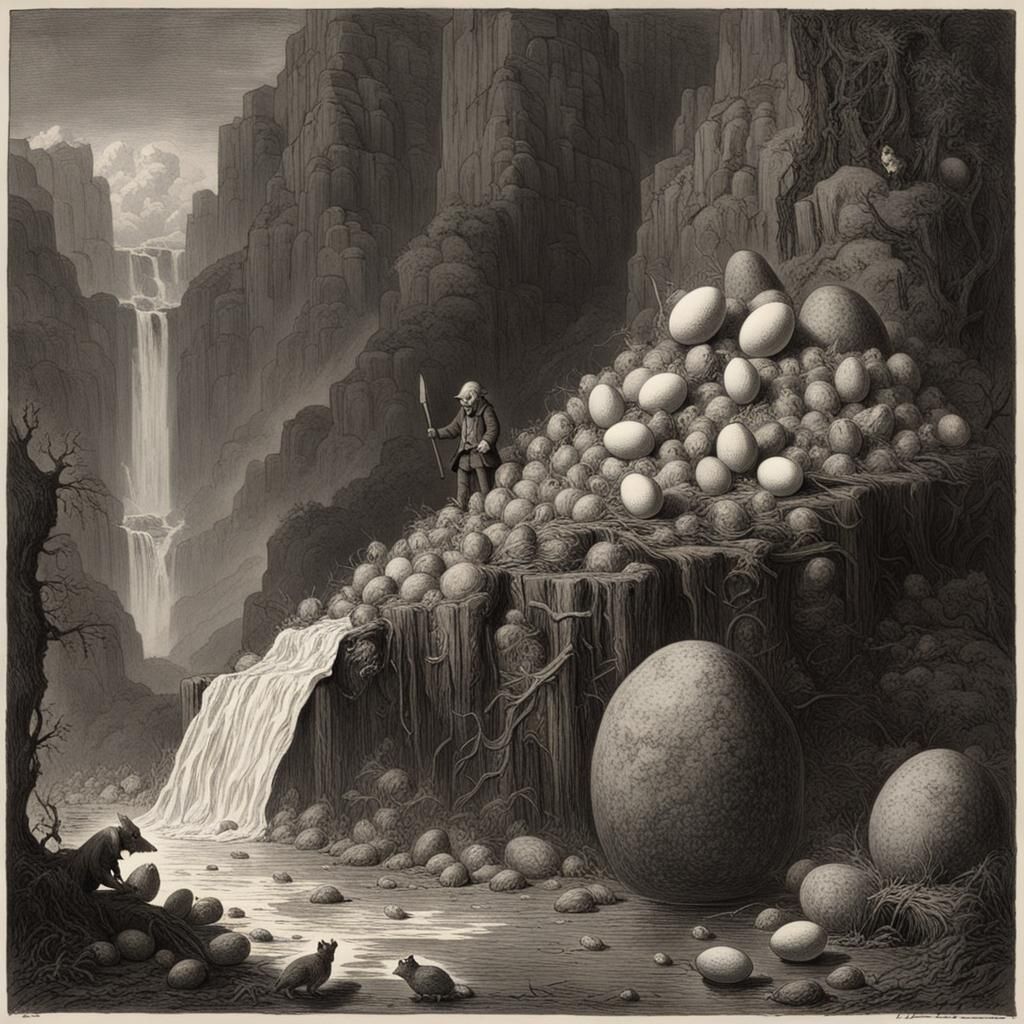 Surreal Egg Waterfall with Pig, Horror Art