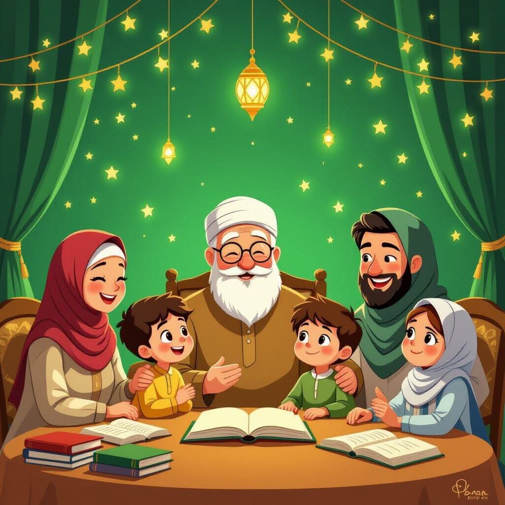 Muslim Family Gathering in Festive Green Lights