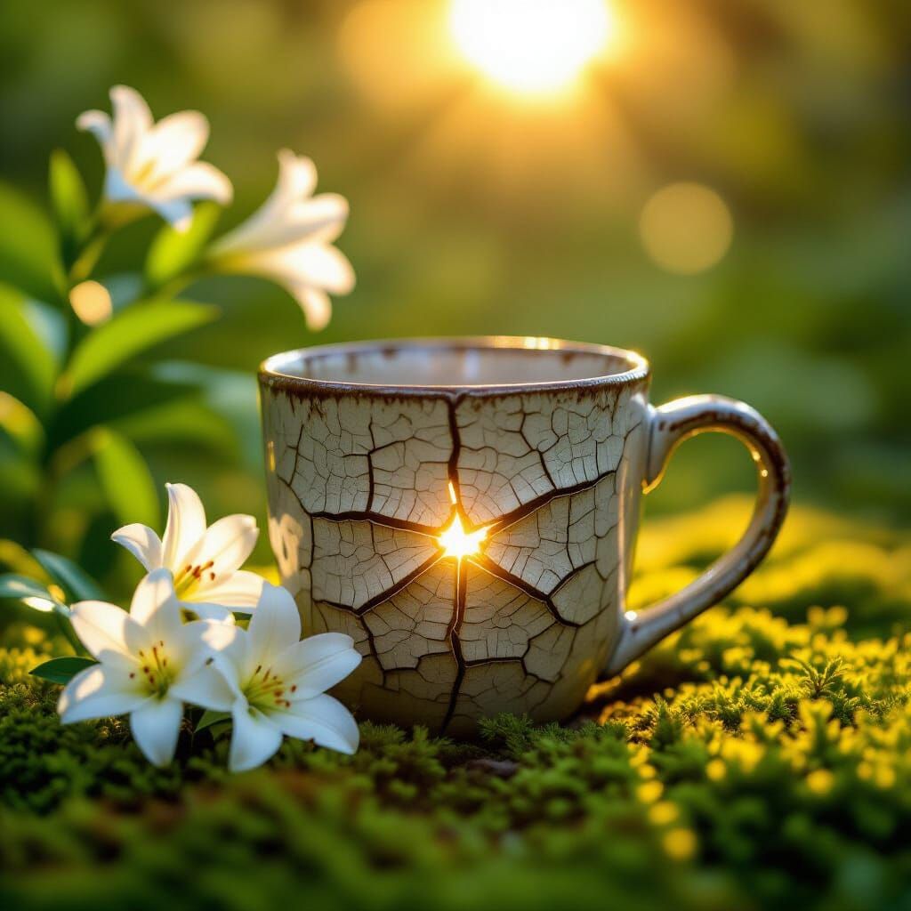 Cracked Coffee Mug in Garden Sunlight