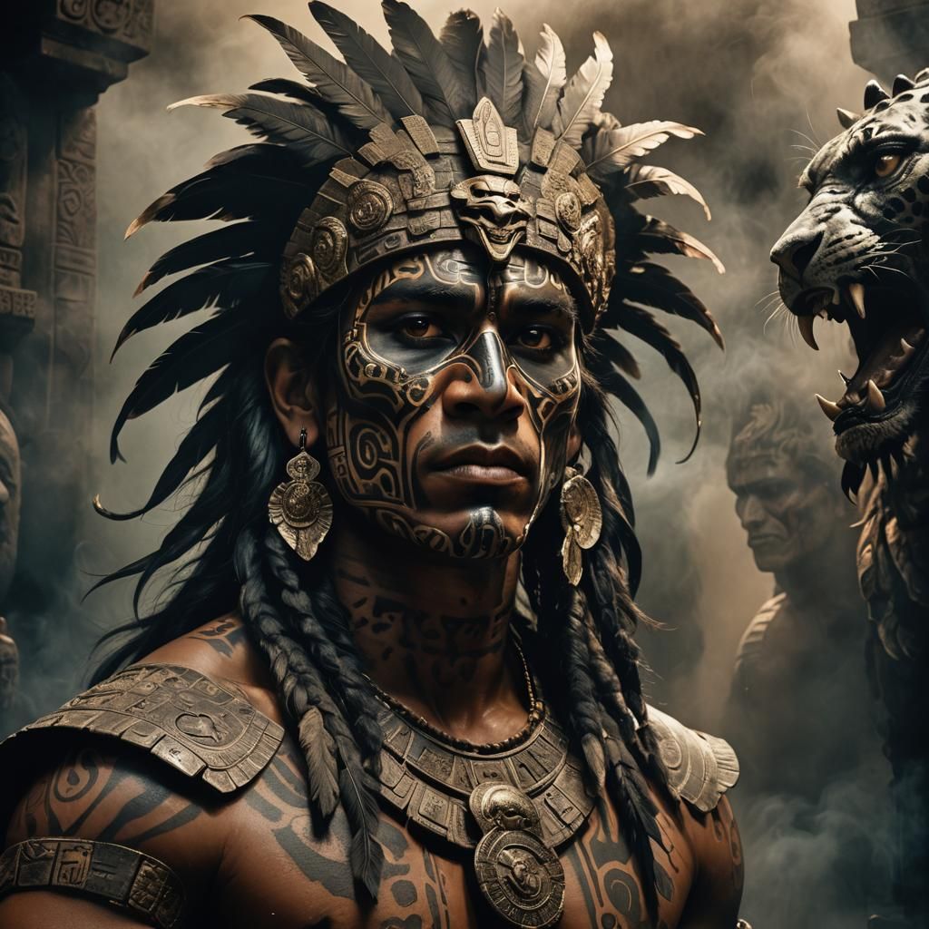 Handsome Aztec God Tezcatlipoca in War Paint Stares into the...