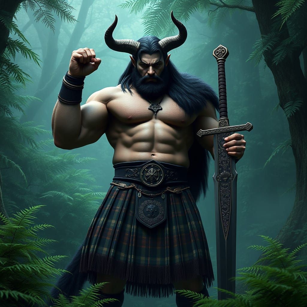 Muscled Highlander Stands Proud in Scottish Forest with Clay...