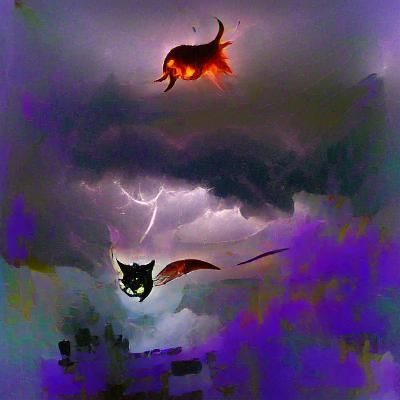 Cat Devil Flying in a Stormy Sky