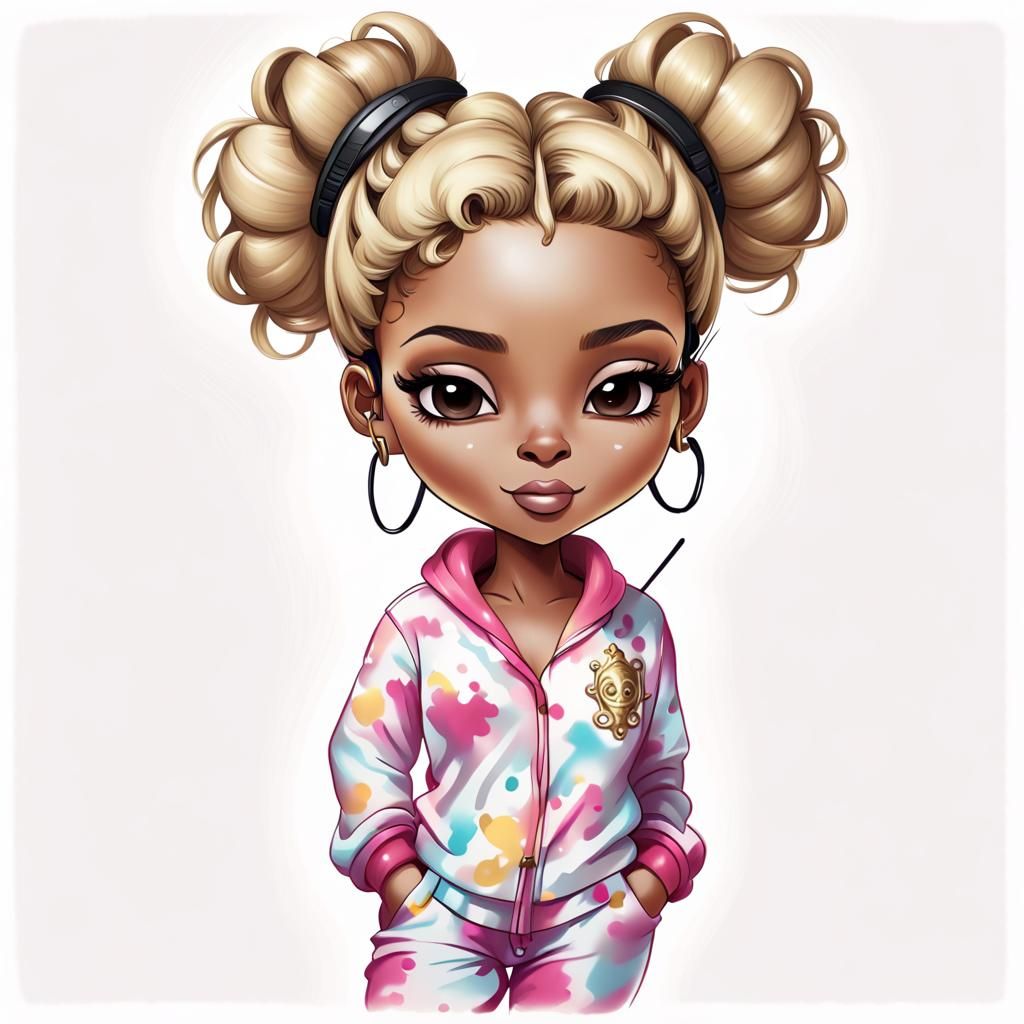 Chibi Airbrush Portrait of Woman with Blonde Highlights