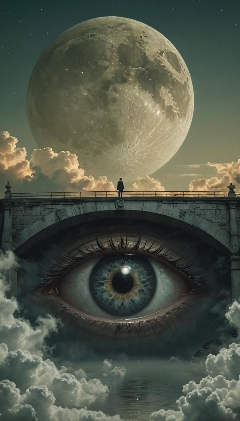 Surreal Dreamscape with Floating Bridge and Eye