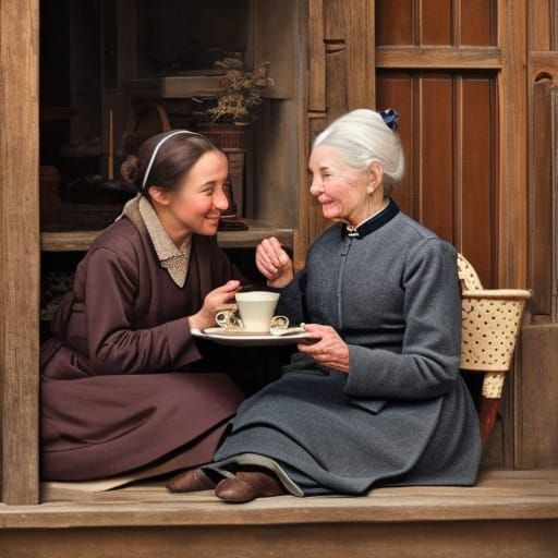 16k resolution, photorealistic image of an elderly woman and a girl sharing tea and stories, surrounded by a warm, rusti...