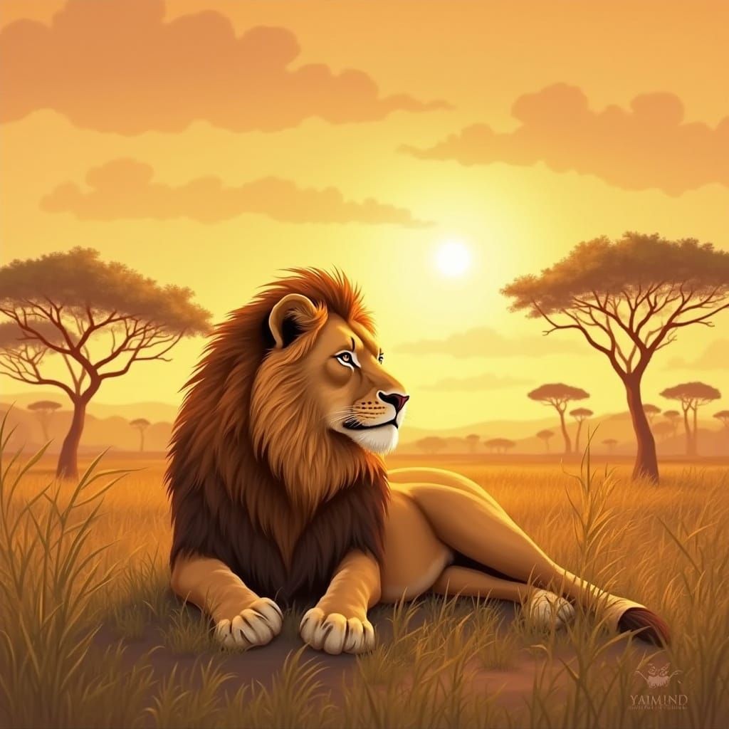Majestic Lion in Tranquil Savannah Landscape