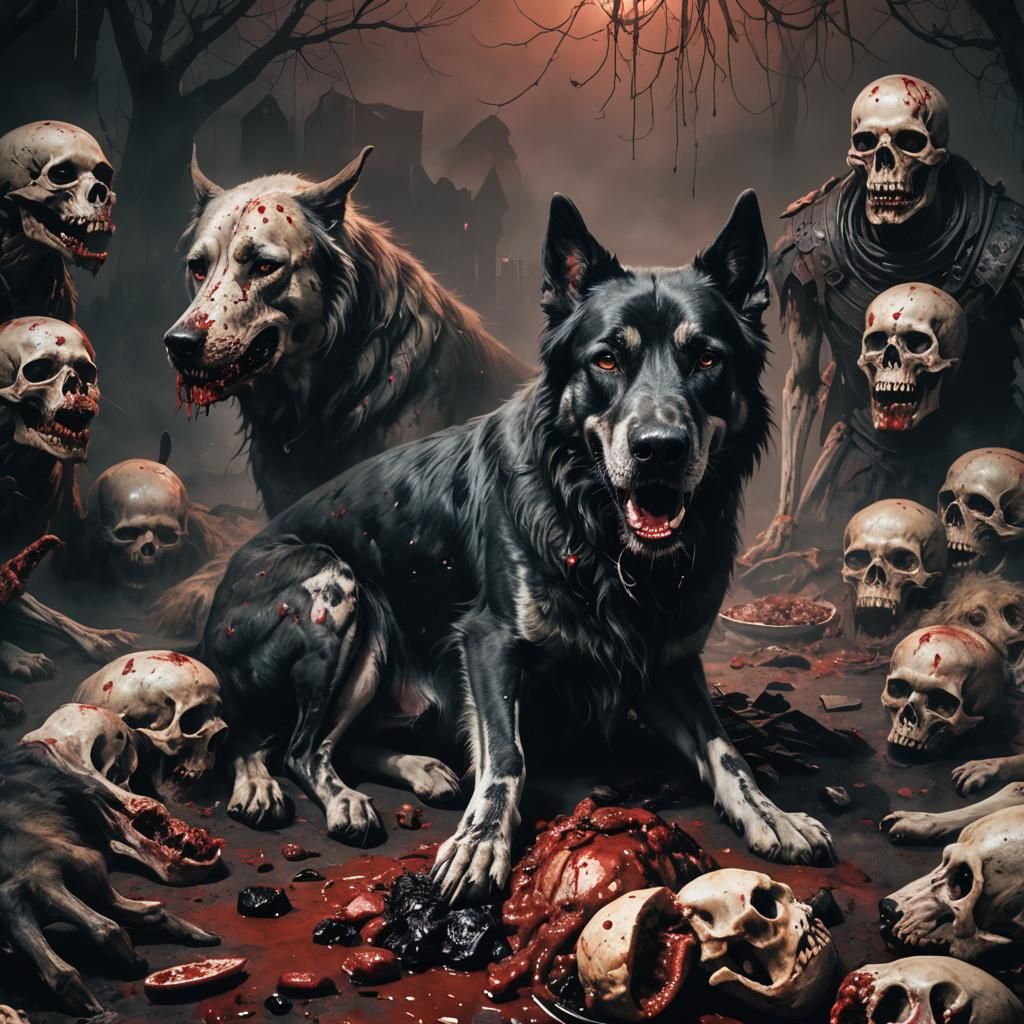 Macabre Gothic Dog Feast in Dark Fantasy Illustration