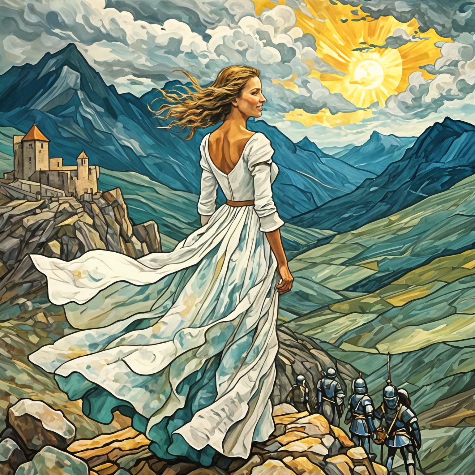 Woman Leads Knights in Van Gogh Style Landscape