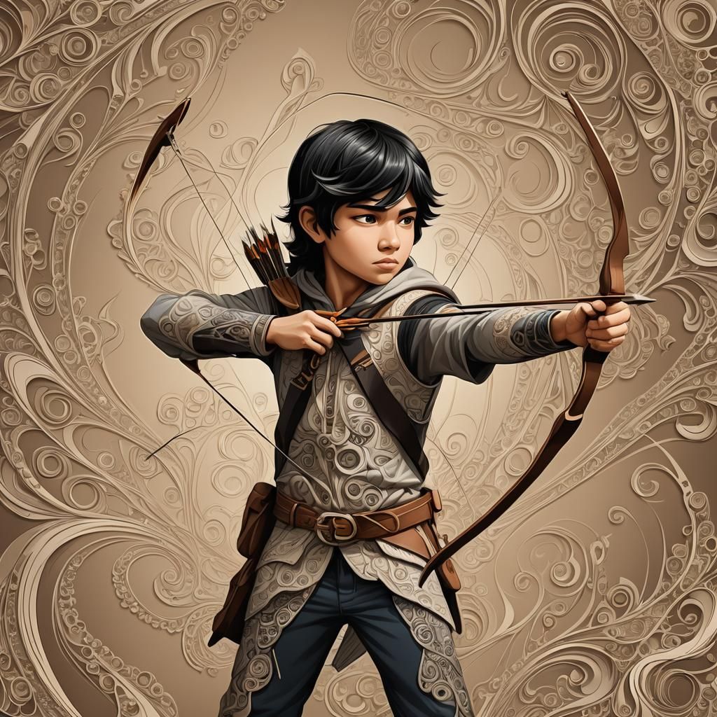 Boy with Bow and Arrow in Abstract Style