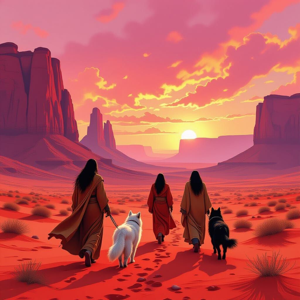 Female Shamans Walk Red Desert Landscape