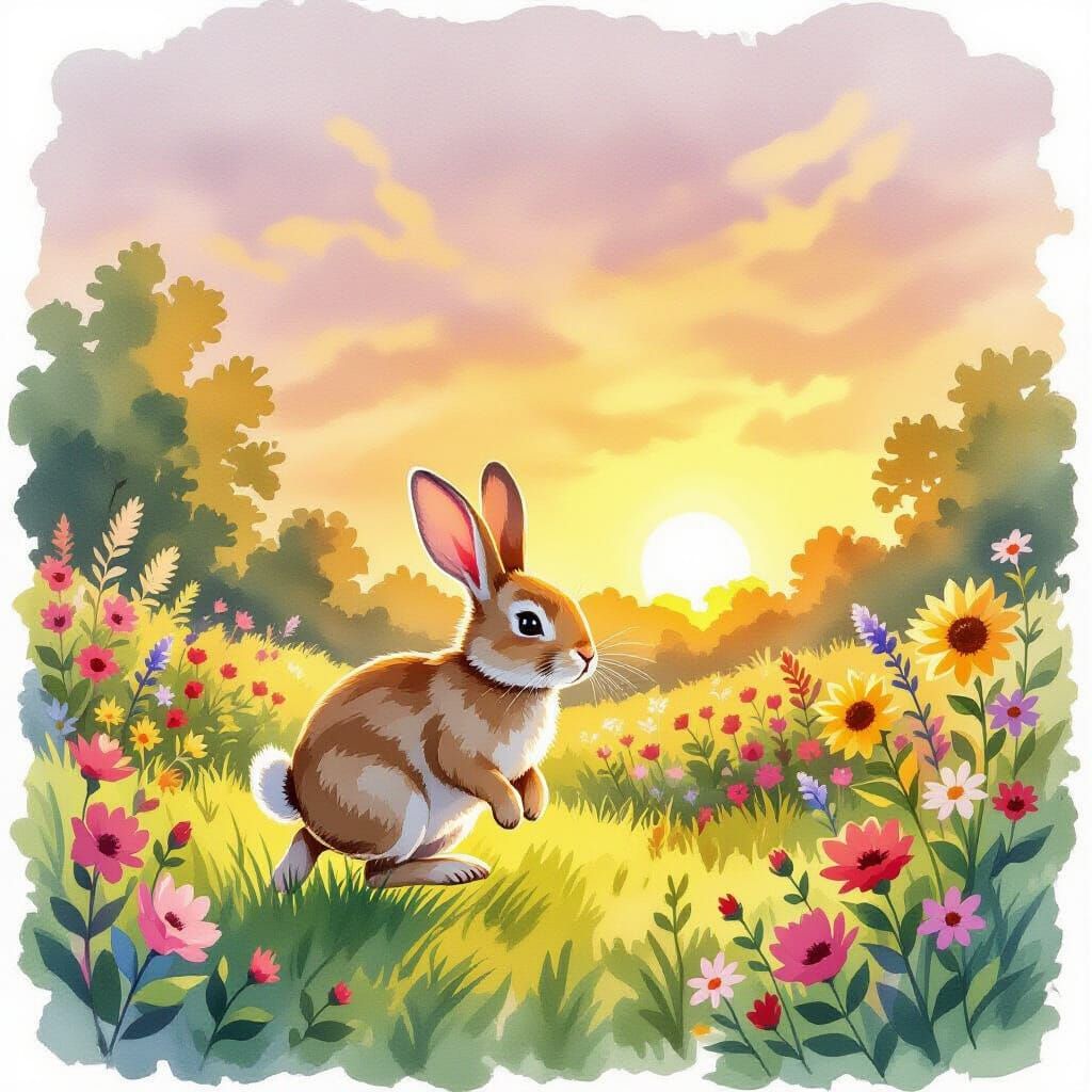 Rabbit Runs Through Garden At Sunset In Watercolor Style