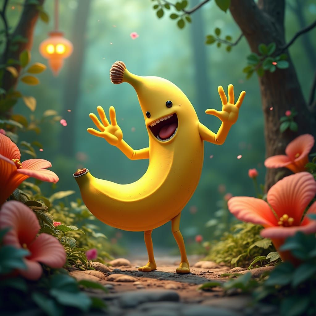 Dancing Banana in Dreamlike Fantasy Landscape
