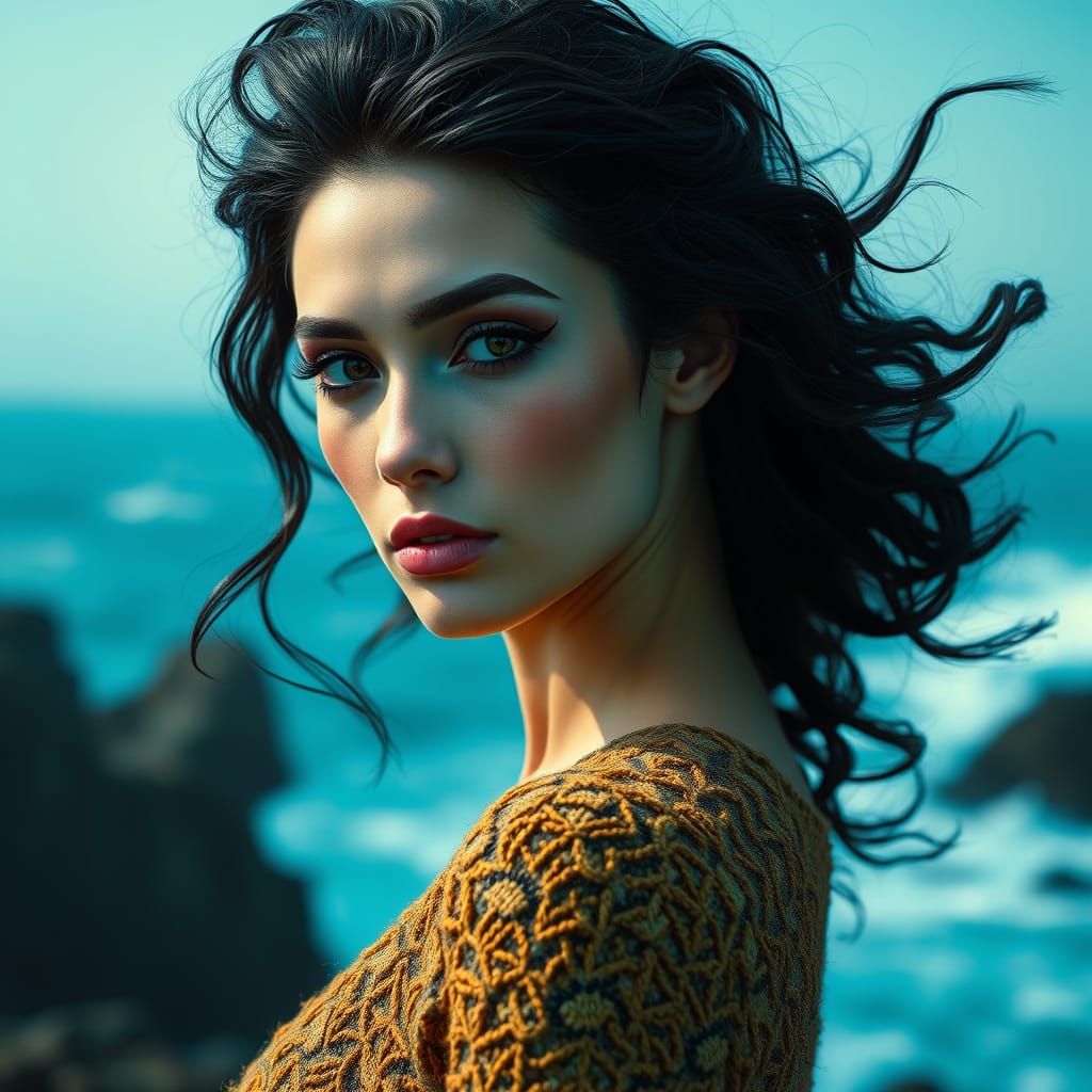 High-Fashion Model in Azure Setting: 3D Anime Art