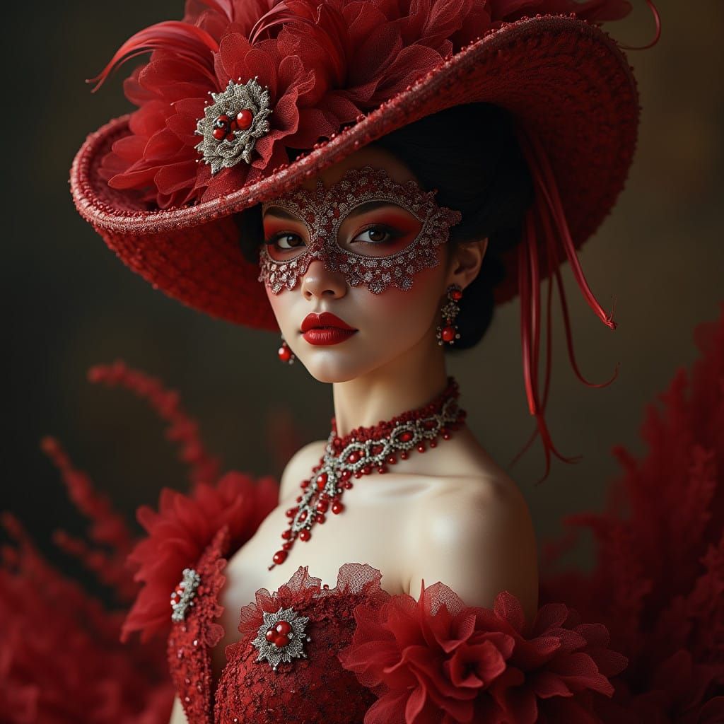 Exquisite Victorian Couture Masquerade Dancer in Red and Whi...