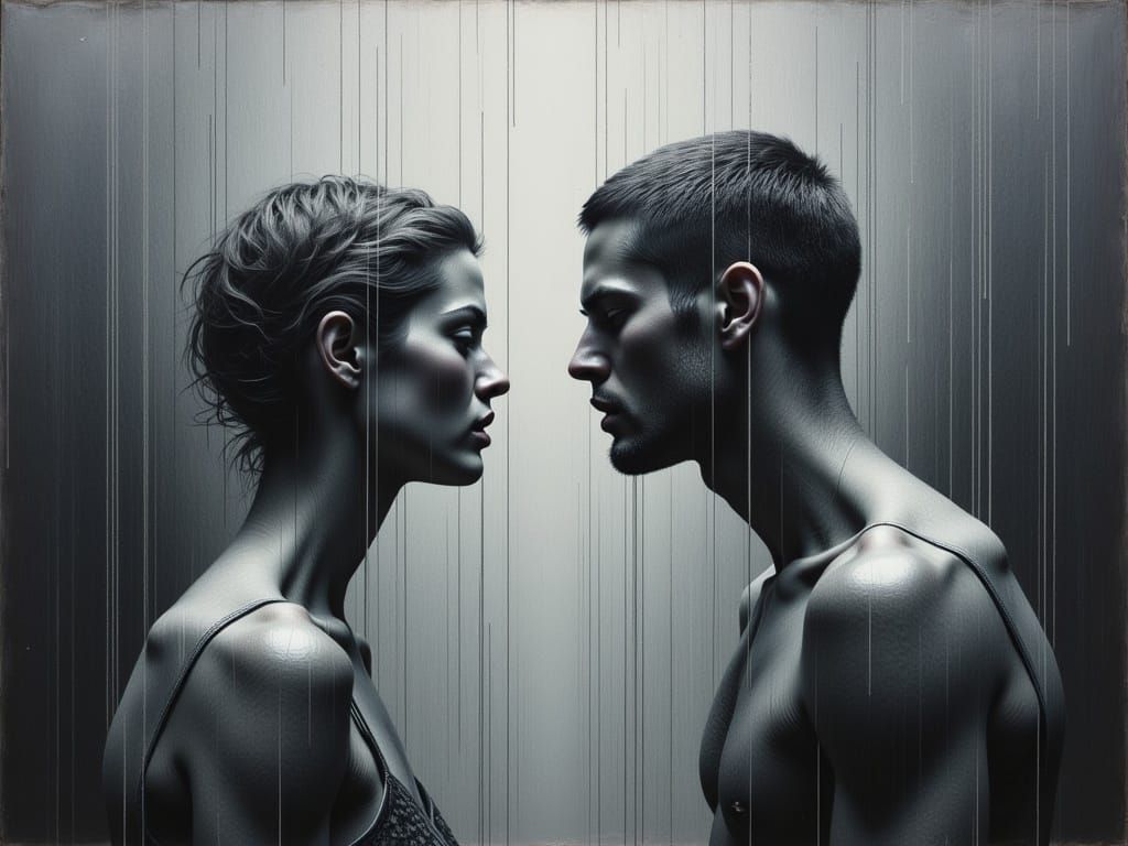 Abstract Lovers in Distressed Oil Painting