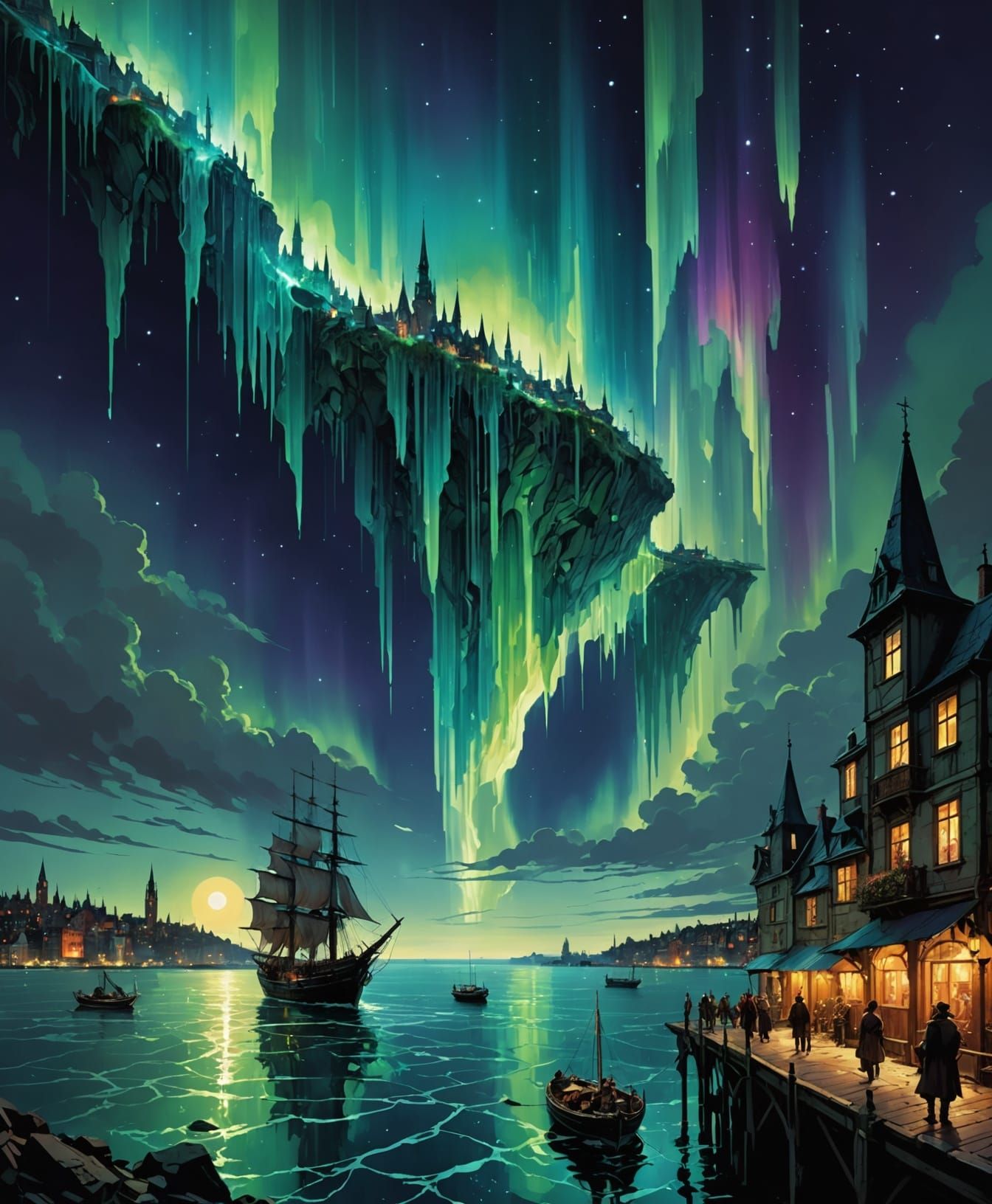 Night Aurora Over City, Glass Artwork Style