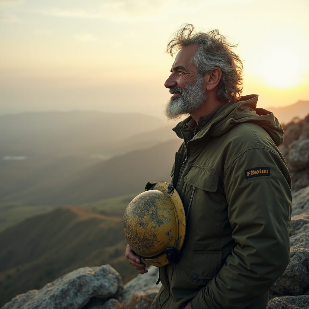 Weathered Geologist Surveys Dawn Landscape in Cinematic Styl...