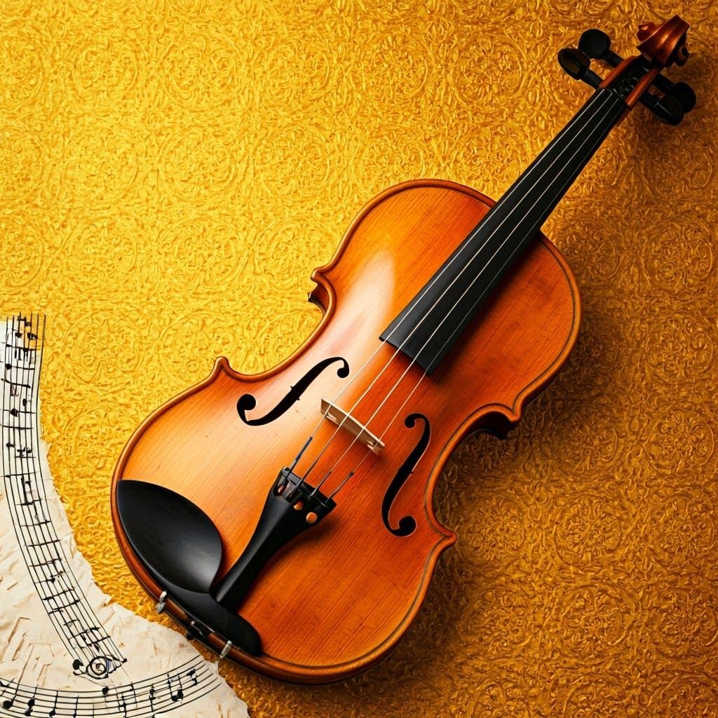 Golden Violin on Baroque Background with Musical Notes