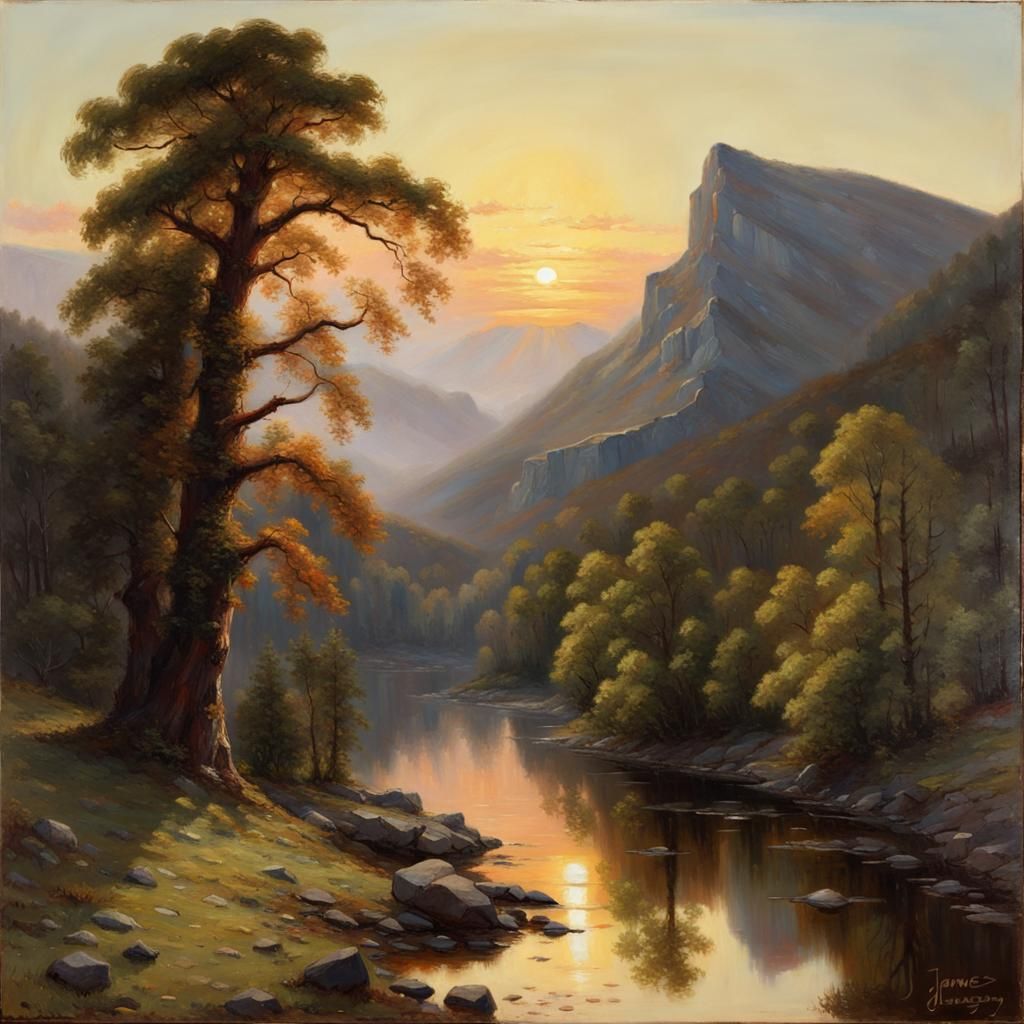 Mountain and Woodland Sunrise in Oil Painting Style