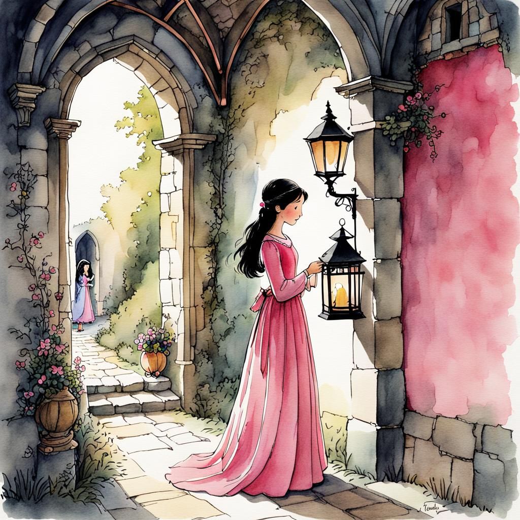 Medieval Maiden with Lantern: Storybook Illustration