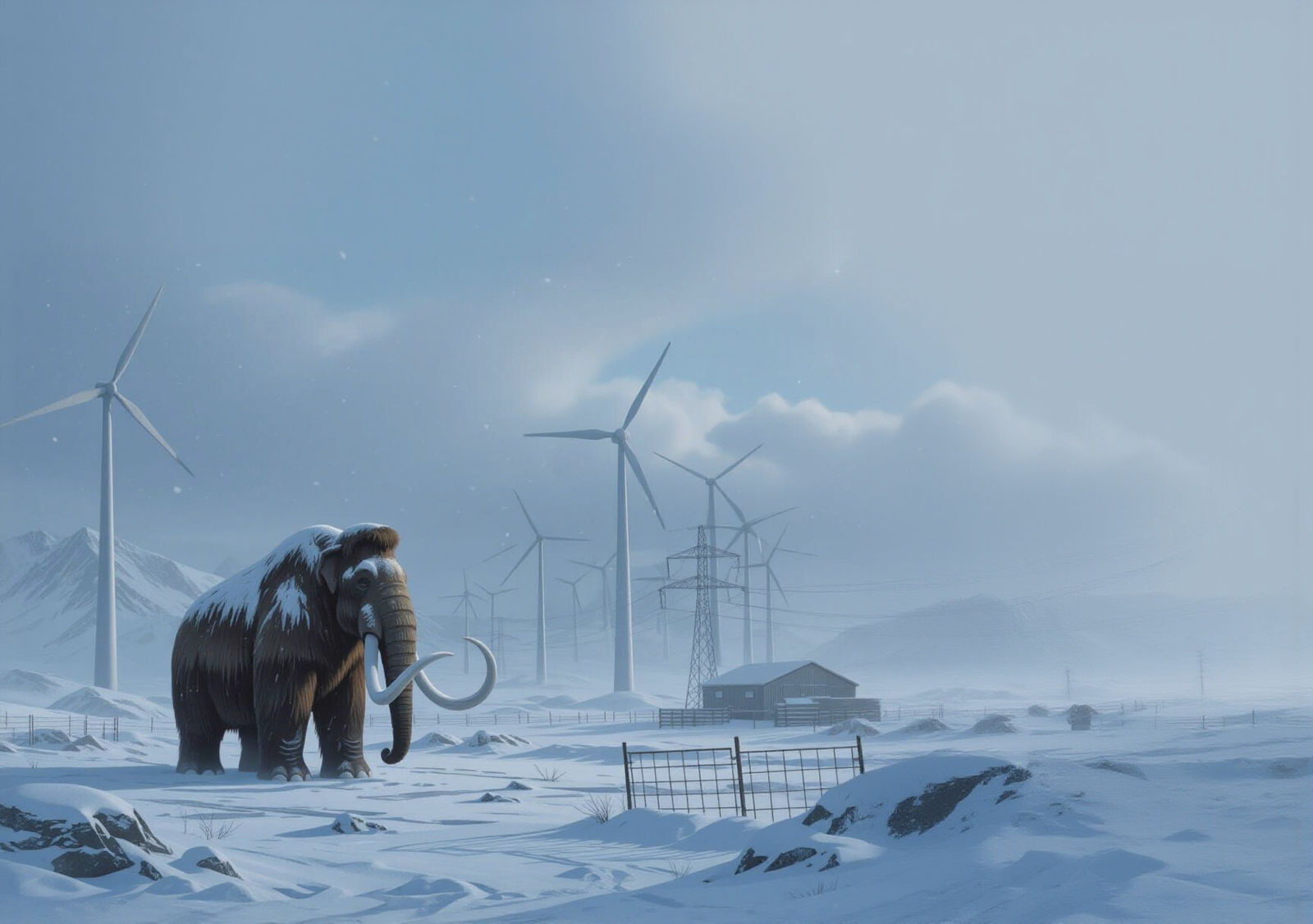 Woolly Mammoth in Industrial Winter Landscape