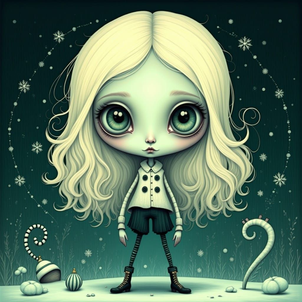 Whimsical Winter Wonderland in Dark Surreal Style