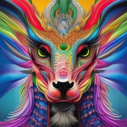Portrait of Rainbow coloured vivid "beautiful dragon, iridescent dragon spirit animal"; artful portrait, detailed, symme...